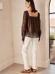 Chocolate Brown Premium Long Sleeve Embroidered Lace Square Neck Blouse - Image 3 of 6