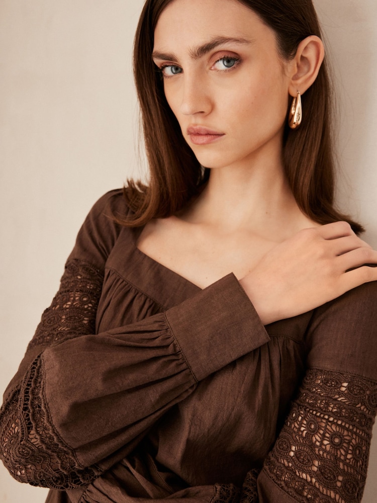 Chocolate Brown Premium Long Sleeve Embroidered Lace Square Neck Blouse - Image 4 of 6