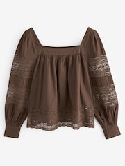 Chocolate Brown Premium Long Sleeve Embroidered Lace Square Neck Blouse - Image 5 of 6