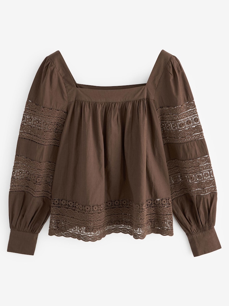 Chocolate Brown Premium Long Sleeve Embroidered Lace Square Neck Blouse - Image 5 of 6