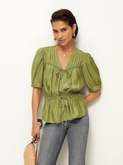 Green Tie Front Tiered Textured Short Sleeve Blouse - Image 1 of 6