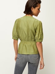 Green Tie Front Tiered Textured Short Sleeve Blouse - Image 2 of 6