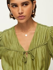 Green Tie Front Tiered Textured Short Sleeve Blouse - Image 4 of 6