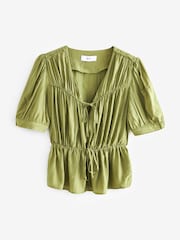 Green Tie Front Tiered Textured Short Sleeve Blouse - Image 5 of 6