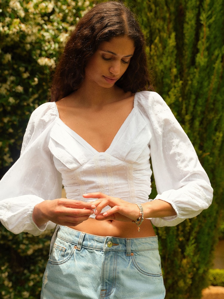White Tie Side Puff Long Sleeve Crop Blouse - Image 1 of 6