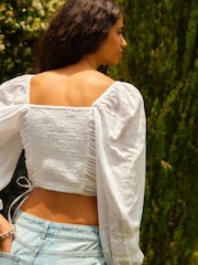 White Tie Side Puff Long Sleeve Crop Blouse - Image 3 of 6