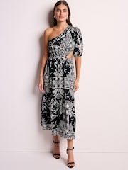 Black/White One Shoulder Cut Out Midi Dress - Image 1 of 6