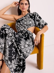 Black/White One Shoulder Cut Out Midi Dress - Image 2 of 6
