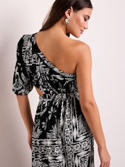 Black/White One Shoulder Cut Out Midi Dress - Image 3 of 6