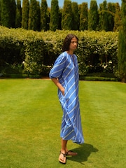 Blue/White Stripe Cotton Poplin Notchneck Puff Sleeve Maxi Dress - Image 1 of 6