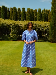 Blue/White Stripe Cotton Poplin Notchneck Puff Sleeve Maxi Dress - Image 2 of 6