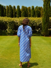 Blue/White Stripe Cotton Poplin Notchneck Puff Sleeve Maxi Dress - Image 3 of 6