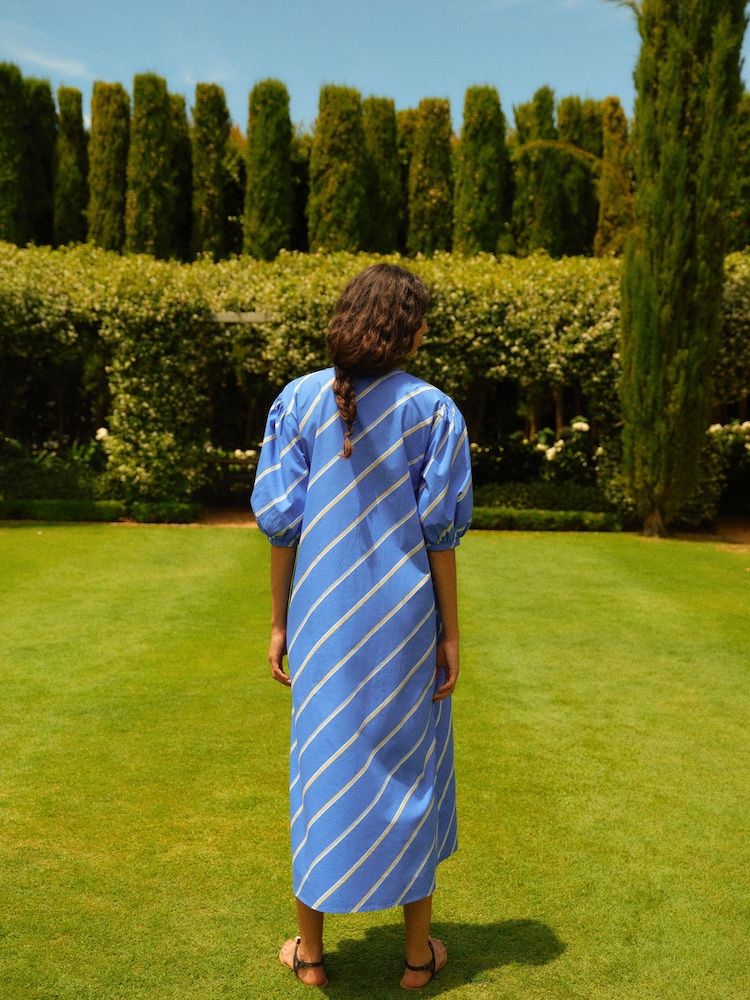 Blue/White Stripe Cotton Poplin Notchneck Puff Sleeve Maxi Dress - Image 3 of 6