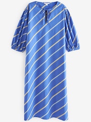 Blue/White Stripe Cotton Poplin Notchneck Puff Sleeve Maxi Dress - Image 5 of 6
