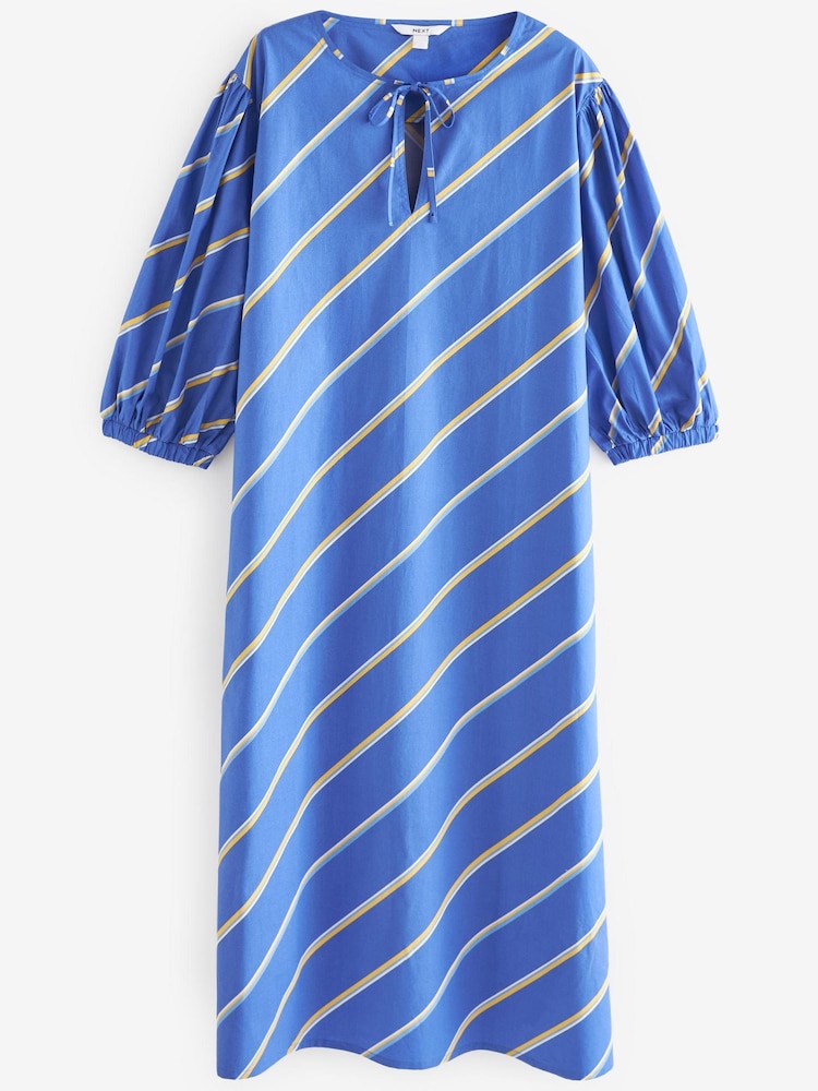 Blue/White Stripe Cotton Poplin Notchneck Puff Sleeve Maxi Dress - Image 5 of 6