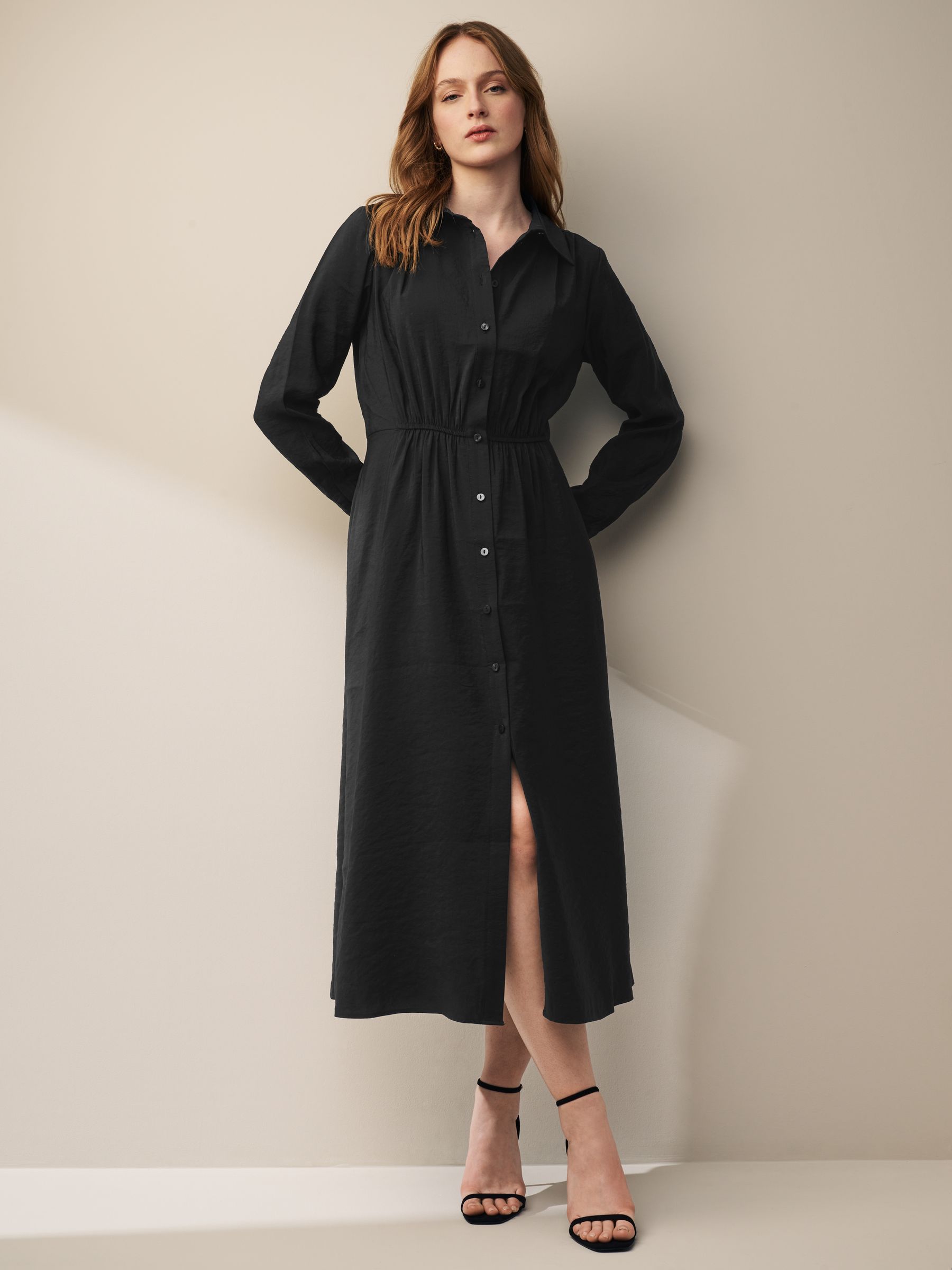Buy Black Long Sleeve Button Through Elastic Waist Midi Shirt Dress from Next Luxembourg