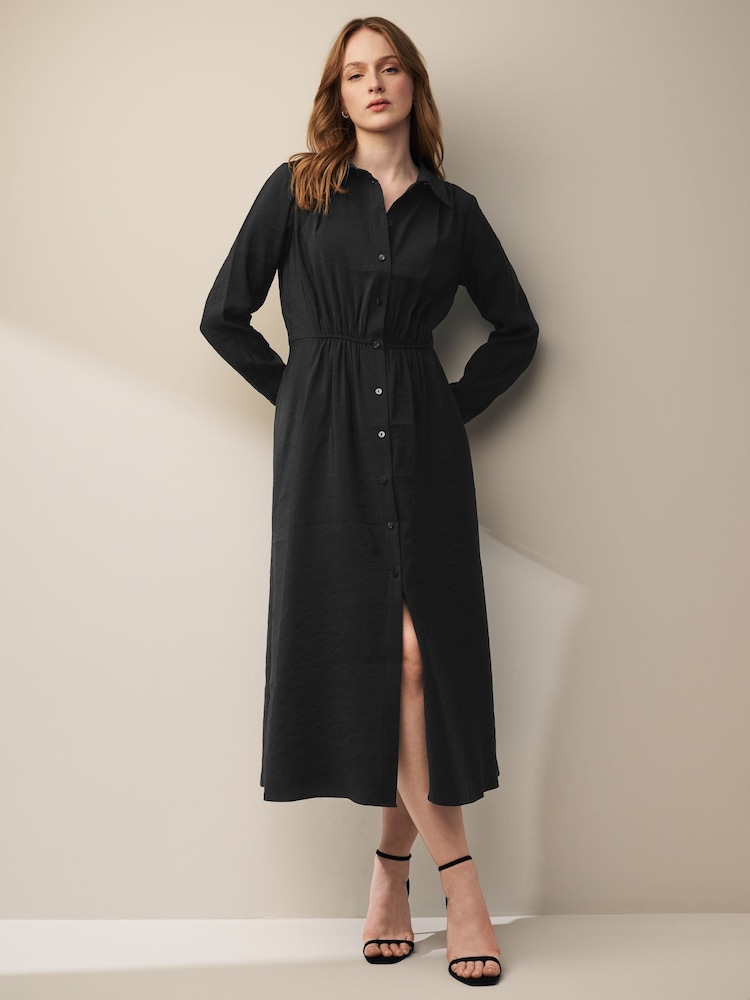 Black Long Sleeve Button Through Elastic Waist Midi Shirt Dress - Image 1 of 6