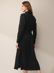 Black Long Sleeve Button Through Elastic Waist Midi Shirt Dress - Image 2 of 6