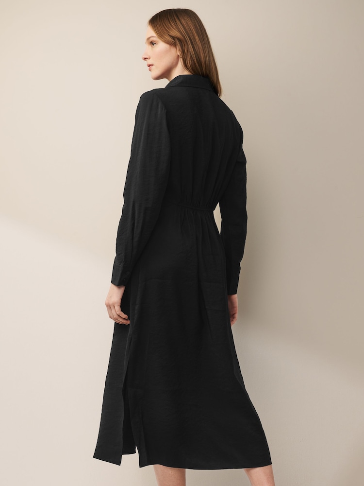 Black Long Sleeve Button Through Elastic Waist Midi Shirt Dress - Image 2 of 6