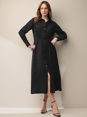 Black Long Sleeve Button Through Elastic Waist Midi Shirt Dress - Image 3 of 6