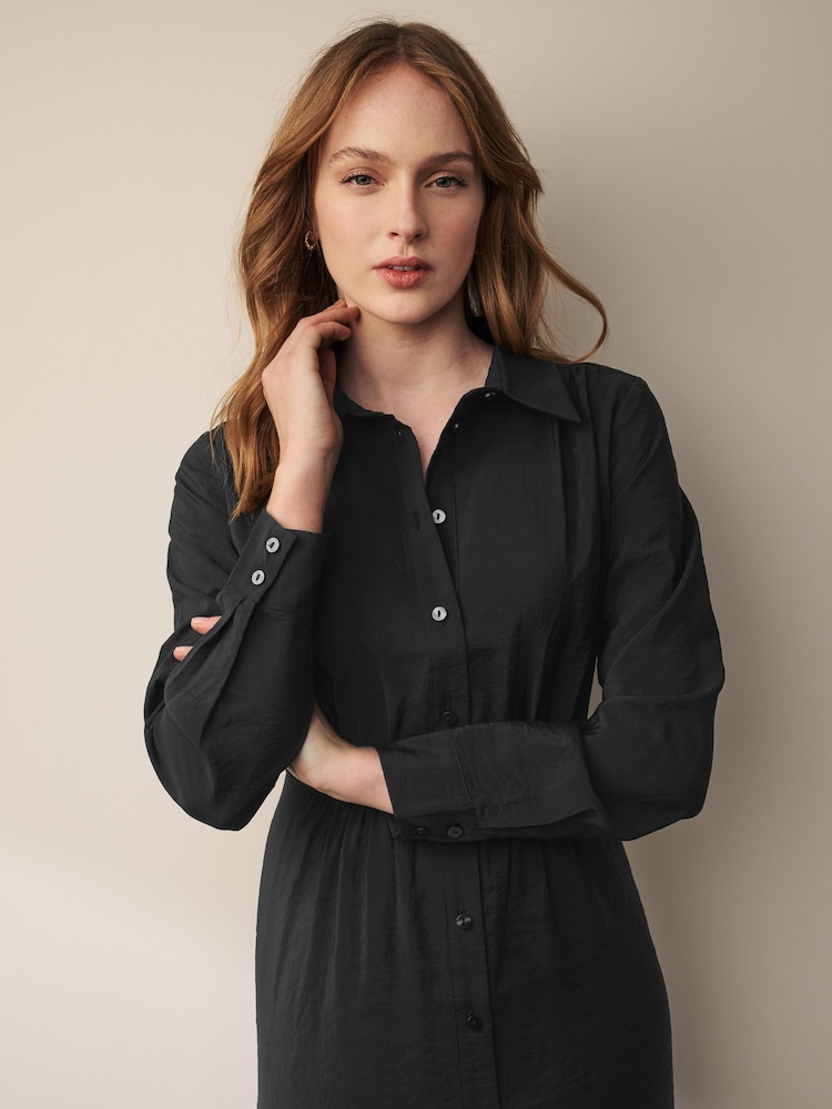 Black Long Sleeve Button Through Elastic Waist Midi Shirt Dress - Image 4 of 6