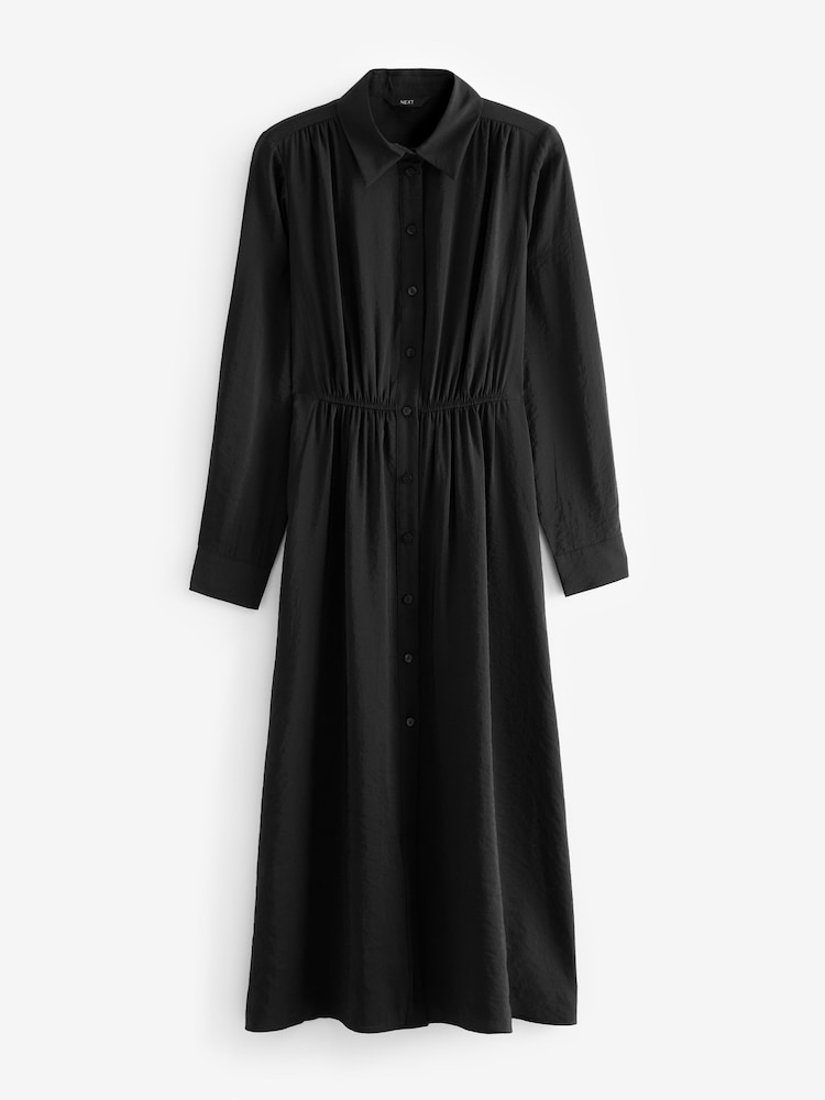 Black Long Sleeve Button Through Elastic Waist Midi Shirt Dress - Image 5 of 6