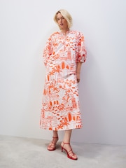 Red/White Scenic Print Cotton Poplin Notchneck Puff Sleeve Maxi Dress - Image 1 of 4