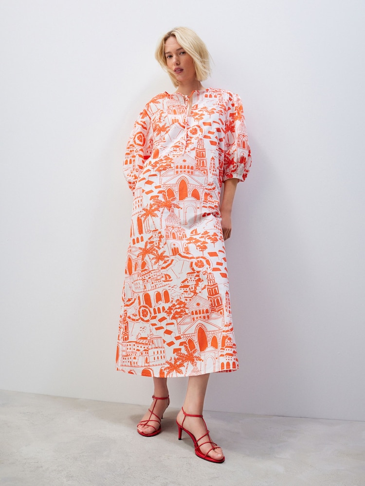 Red/White Scenic Print Cotton Poplin Notchneck Puff Sleeve Maxi Dress - Image 1 of 4