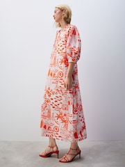 Red/White Scenic Print Cotton Poplin Notchneck Puff Sleeve Maxi Dress - Image 2 of 4