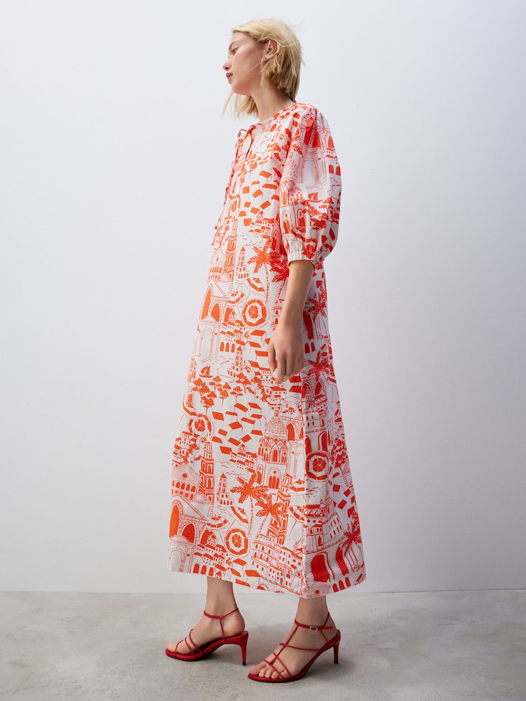 Red/White Scenic Print Cotton Poplin Notchneck Puff Sleeve Maxi Dress - Image 2 of 4