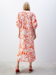 Red/White Scenic Print Cotton Poplin Notchneck Puff Sleeve Maxi Dress - Image 3 of 4