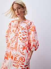 Red/White Scenic Print Cotton Poplin Notchneck Puff Sleeve Maxi Dress - Image 4 of 4