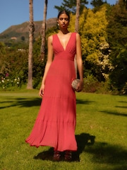 Red Sleeveless V-Neck Plisse Tiered Maxi Dress - Image 1 of 6