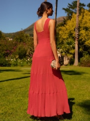 Red Sleeveless V-Neck Plisse Tiered Maxi Dress - Image 2 of 6