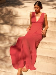 Red Sleeveless V-Neck Plisse Tiered Maxi Dress - Image 4 of 6