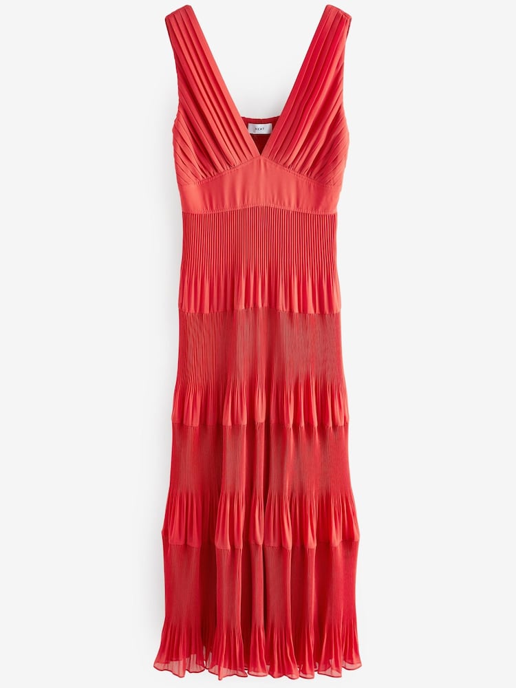 Red Sleeveless V-Neck Plisse Tiered Maxi Dress - Image 5 of 6