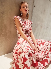 Red/White Sleeveless Ruffle Lace Insert Maxi Dress - Image 1 of 6
