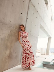 Red/White Sleeveless Ruffle Lace Insert Maxi Dress - Image 2 of 6