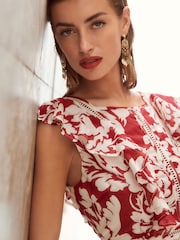 Red/White Sleeveless Ruffle Lace Insert Maxi Dress - Image 4 of 6