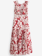 Red/White Sleeveless Ruffle Lace Insert Maxi Dress - Image 5 of 6