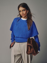Cobalt Blue Knitted Ribbed Long Sleeve Cape Layer Jumper - Image 1 of 7