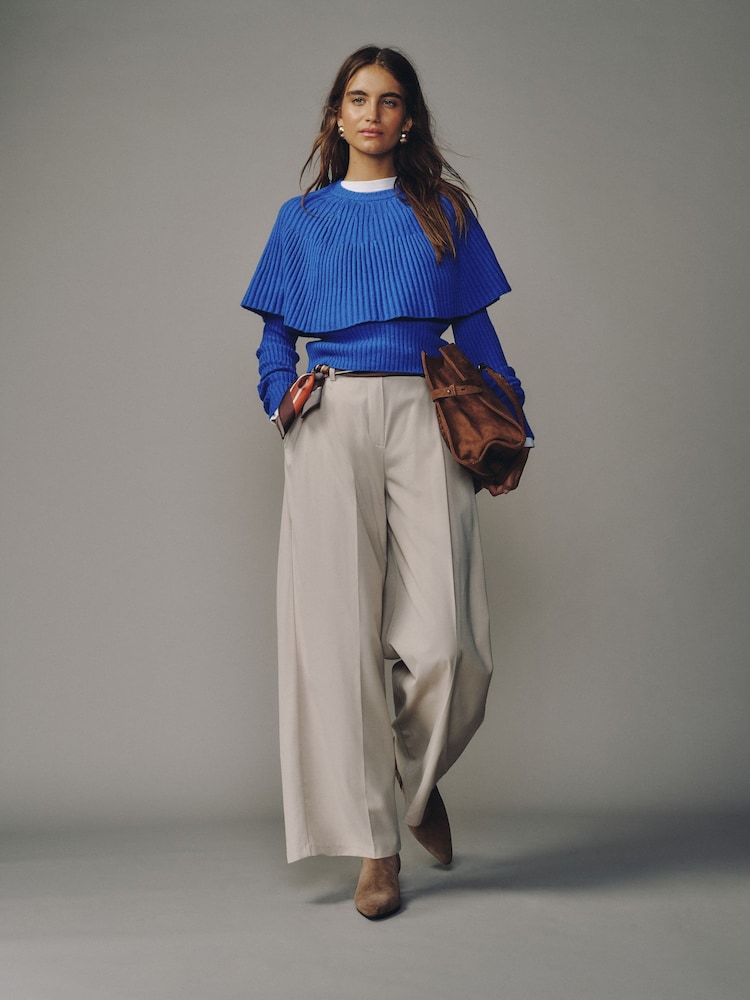 Cobalt Blue Knitted Ribbed Long Sleeve Cape Layer Jumper - Image 2 of 7 Cobalt Blue Knitted Ribbed Long Sleeve Cape Layer Jumper - Image 2 of 7
