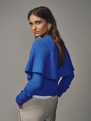 Cobalt Blue Knitted Ribbed Long Sleeve Cape Layer Jumper - Image 3 of 7
