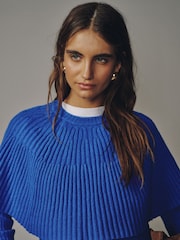 Cobalt Blue Knitted Ribbed Long Sleeve Cape Layer Jumper - Image 4 of 7
