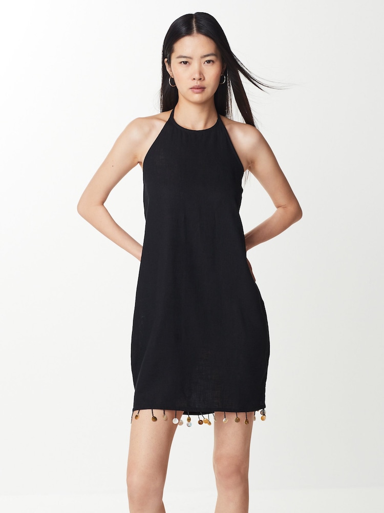 Black Shell Hem Halter Neck Mini Dress - Image 1 of 7