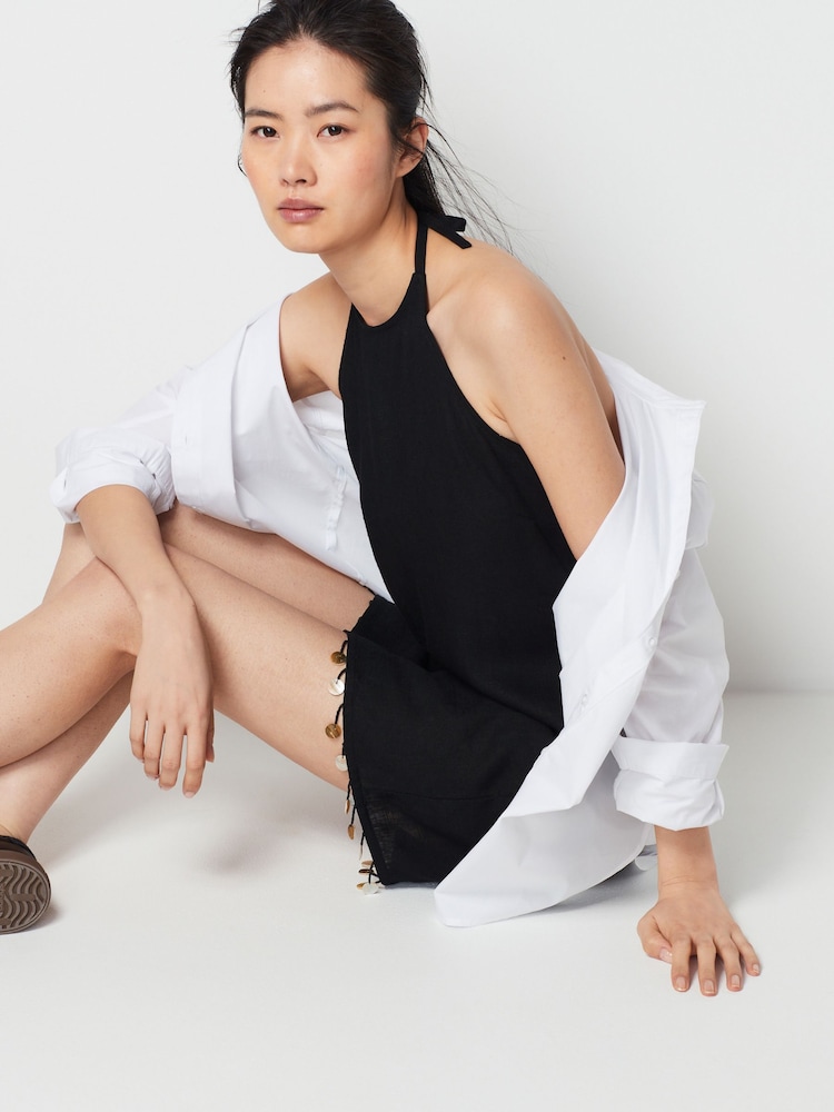 Black Shell Hem Halter Neck Mini Dress - Image 2 of 7