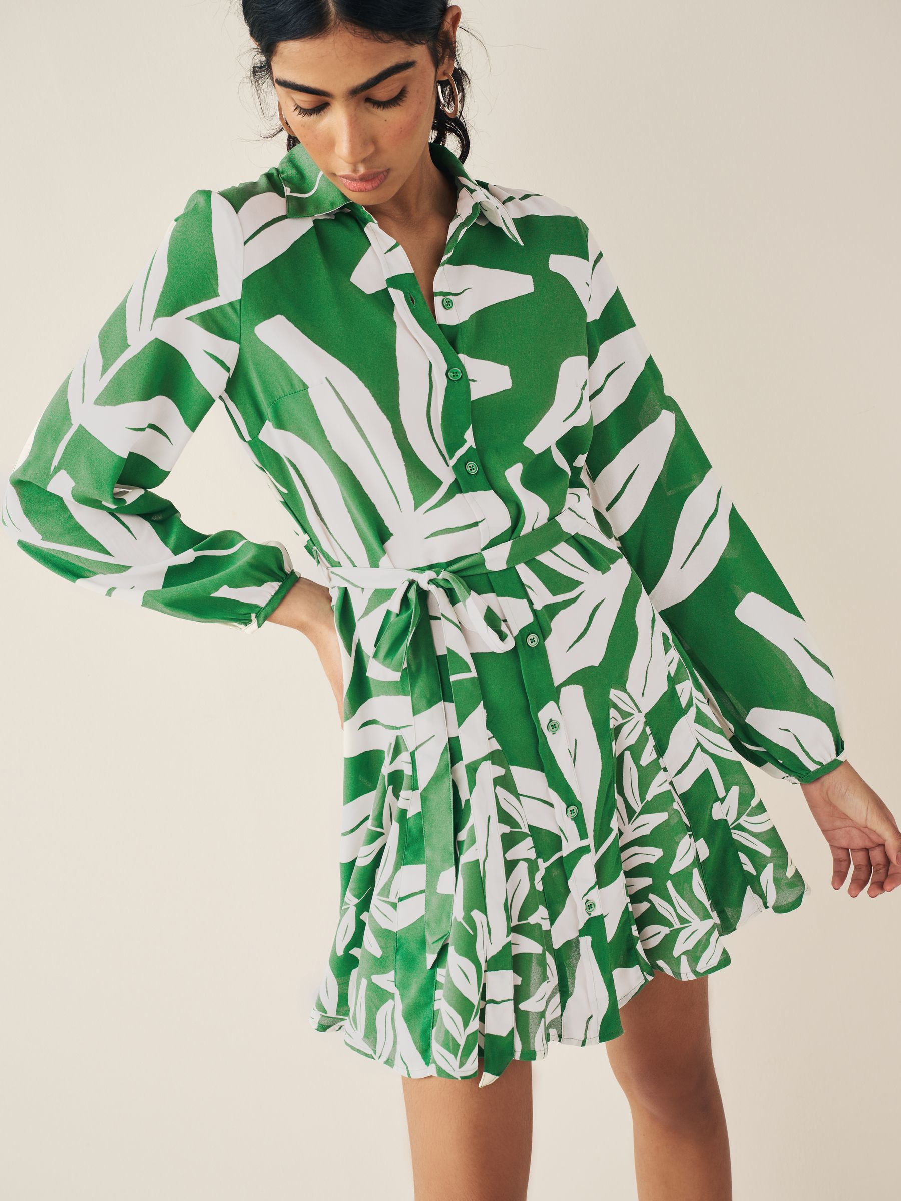 Buy Khaki Green and White Leaf Print Mini Belted Shirt Dress from Next Luxembourg