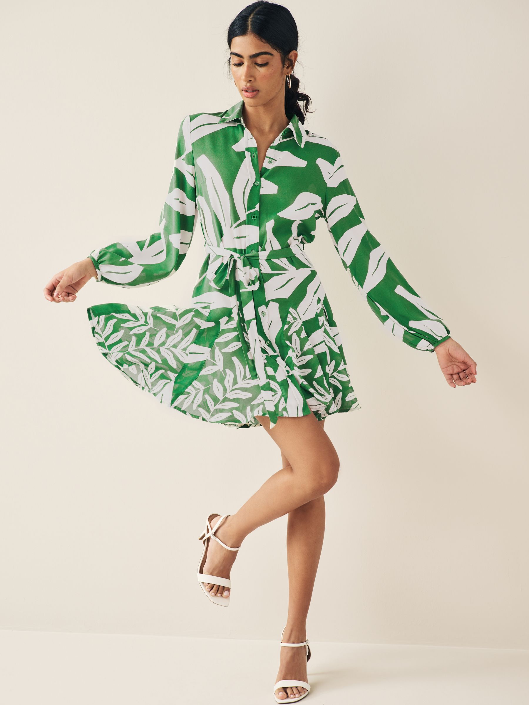 Buy Khaki Green and White Leaf Print Mini Belted Shirt Dress from Next Luxembourg