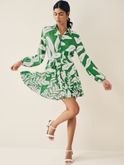 Khaki Green and White Leaf Print Mini Belted Shirt Dress - Image 2 of 6