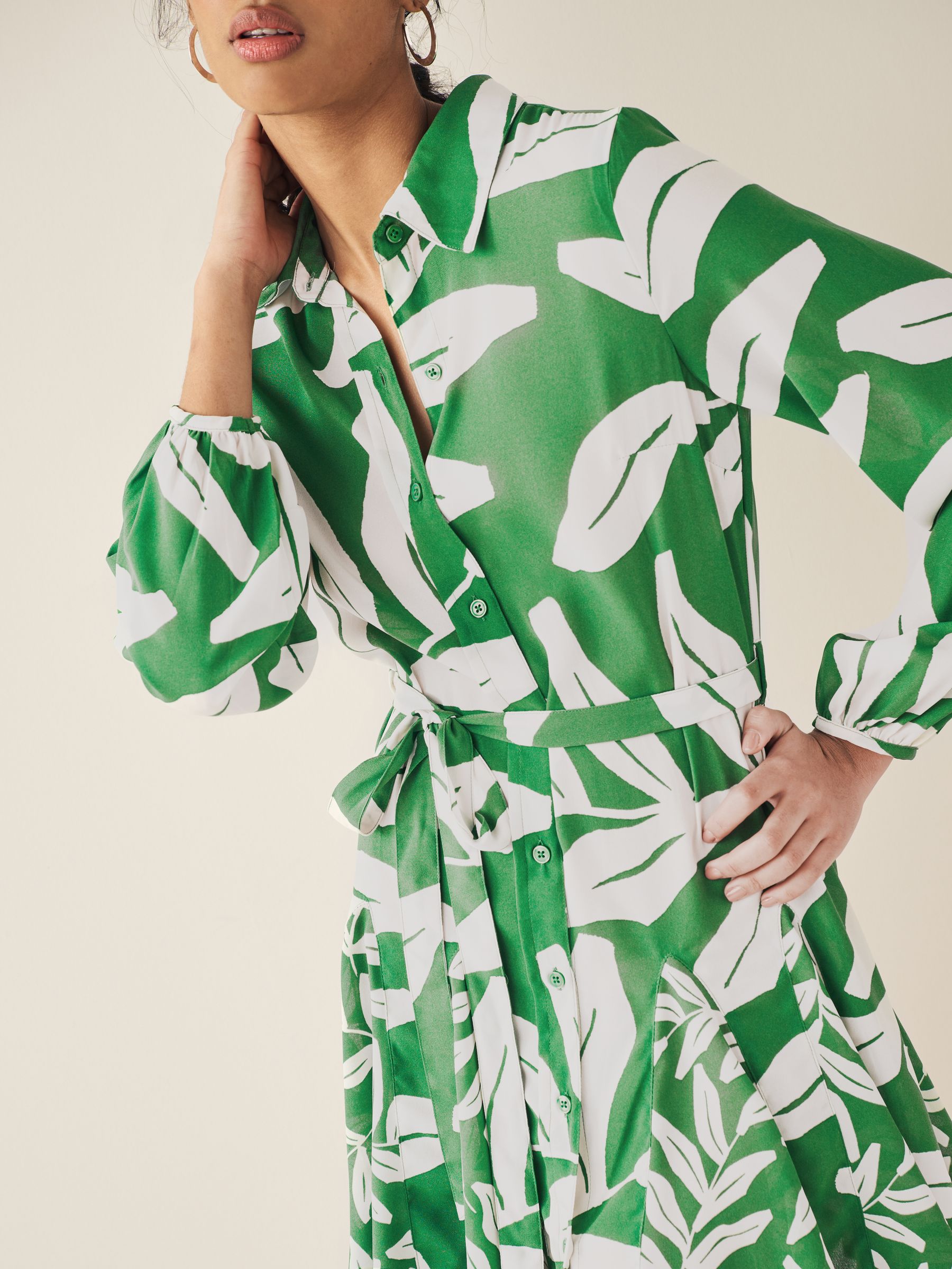 Buy Khaki Green and White Leaf Print Mini Belted Shirt Dress from Next Luxembourg